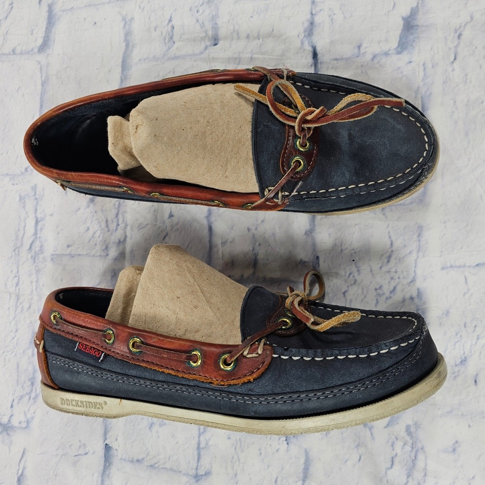 Sebago Docksides Boat Shoes Mens 8.5 Navy Blue Brown Leather Nautical Made USA